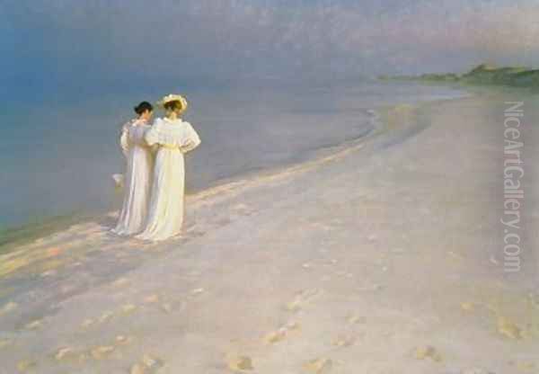 Summer Evening on the Skagen Southern Beach with Anna Ancher and Marie Kroyer Oil Painting by Peder Severin Kroyer