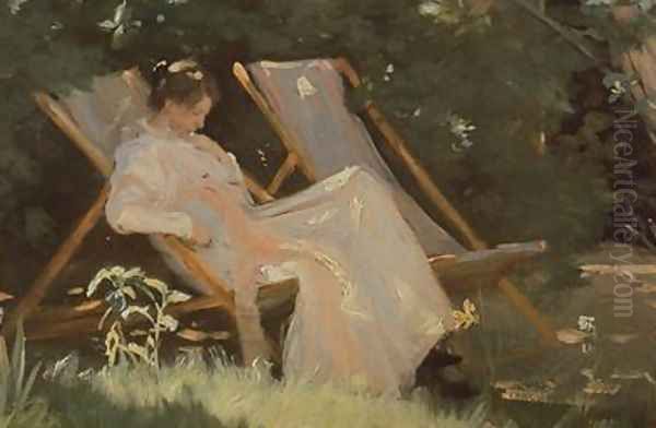 The artists wife sitting in a garden chair at Skagen Oil Painting by Peder Severin Kroyer