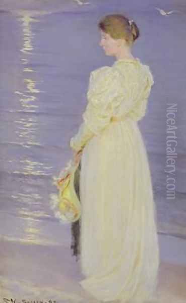 Woman in White on a Beach Oil Painting by Peder Severin Kroyer