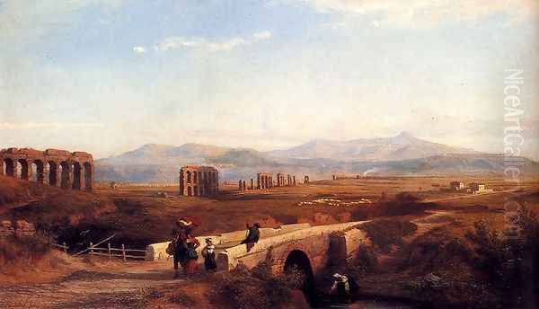 Peasants On A Bridge With Roman Ruins Beyond Oil Painting by Franz Knebel