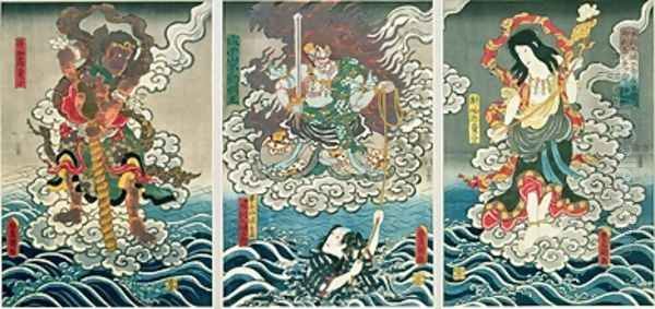 The actor Ichikawa Ebizo V as the deity Fudo Myoo rescuing Ichikawa Danjuro VIII as Honcho maru Tsunagoro Hiranoya Tokubei accompanied by other actors as Seitaka Doji and Kongara Doji Oil Painting by Utagawa Kunisada