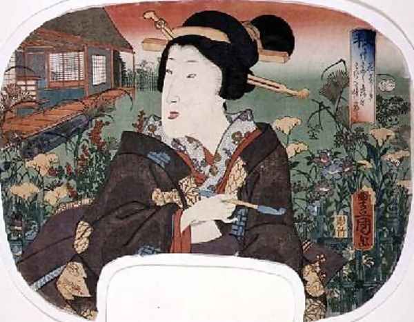 Autumn Hanayashiki A geisha with a pipe design for a fan from a set of four illustrating the seasons Oil Painting by Utagawa Kunisada