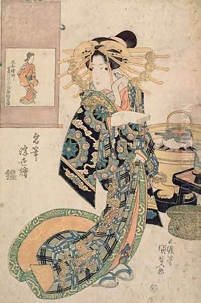 Courtesan likened to a painting by Moronobu Oil Painting by Utagawa Kunisada