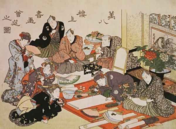 Painting and calligraphy party at the Manpachiro teahouse Oil Painting by Utagawa Kunisada