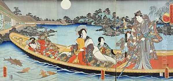 Triptych depicting a prince princess and court ladies boating on a garden pond under a full moon in June Oil Painting by Utagawa Kunisada