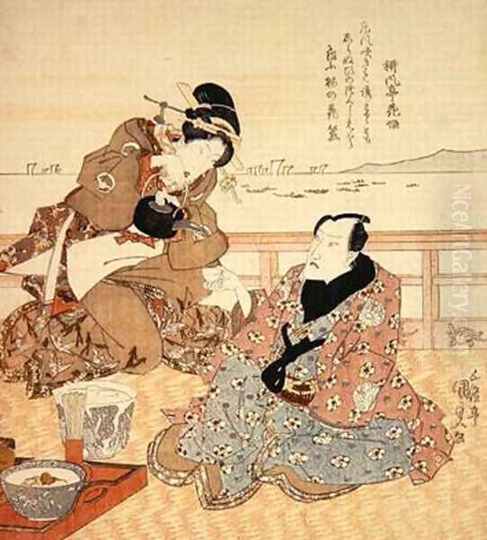 Onoe Kikugoro III taking tea at Shinagawa Oil Painting by Utagawa Kunisada