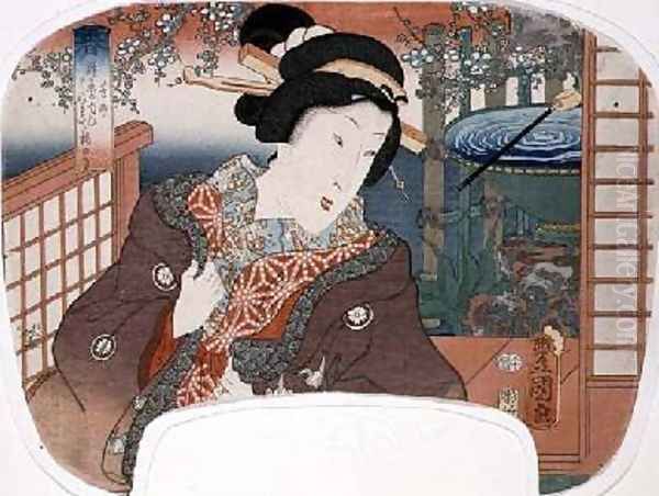 Spring Yoshi cho A geisha in a garden design for a fan from a set of four illustrating the seasons Oil Painting by Utagawa Kunisada