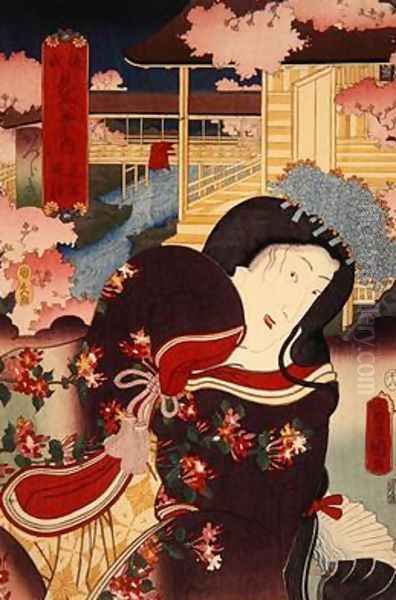 Hana no en bansho Katsuragi Genji mitate hakkei no uchi Flower Banquet Evening Bell Katsuragi Oil Painting by Utagawa Kunisada