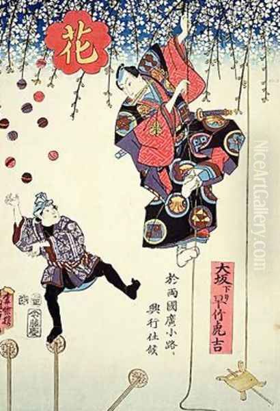 An advertising print of a circus owned by Hayatake Torakichi Oil Painting by Utagawa Kunisada