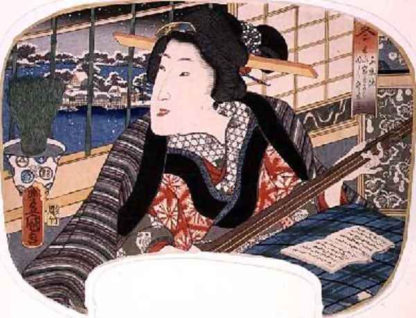 Winter Shinobazu Pond A geisha practicing a ballad design for a fan from a set of four illustrating the seasons 2 Oil Painting by Utagawa Kunisada