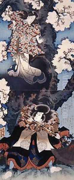 Bando Mitsugoro IV as Sekibei and Onoe Kikugoro III as Somezone in Tsumoru koi yuki seki no to Oil Painting by Utagawa Kunisada