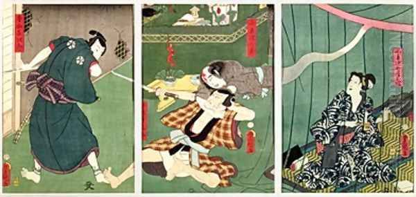 The actors Ichikawa Kodanji IV as the Ghost of Koheiji with wai Kumesaburo as O Tsuka wife of Koheiji Sawamura Tossho II and Kijiro in a scene from the play Kohada no kaii ame no furu numa performed at the Ichimura Theatre Oil Painting by Utagawa Kunisada