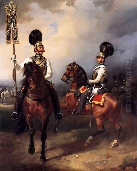 Two Cuirassiers from the Regiment of Czar Nicholas I Oil Painting by Franz Kruger