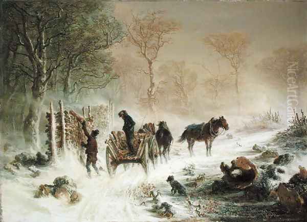 Loading Wood in the Snow Oil Painting by Hermann Kauffmann