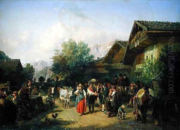 Homecoming from the Alpine Pasture Oil Painting by Hermann Kauffmann