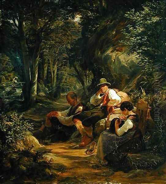 Three Upper Bavarians Resting on an Alpine Path Oil Painting by Hermann Kauffmann