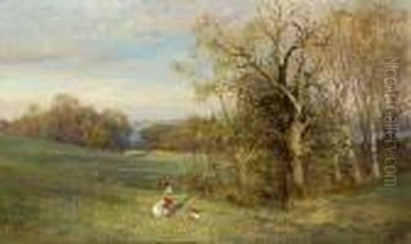 Fruhling Am Starnberger See, Mit Blumen Pfluckenden Madchen. Oil Painting by Edward Theodore Compton