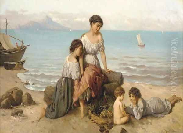 Children on the Italian coast with a basket of grapes, Capri beyond Oil Painting by Wilhelm Kray