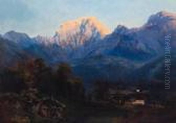 A Swiss Alpine Landscape Oil Painting by Edward Theodore Compton