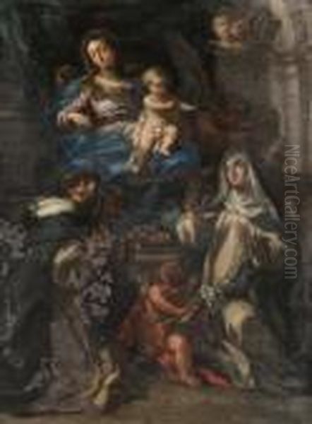 Madonna Del Rosario In Trono Coni Santi Domenico E Caterina Da Siena Oil Painting by Sebastiano Conca