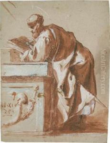 A Prohet Reading And Leaning Against A Standing Desk Oil Painting by Sebastiano Conca