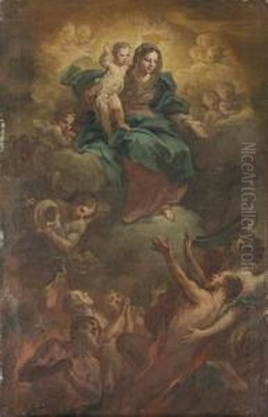 The Madonna And Child Releasing Souls From Purgatory: A Bozzetto Oil Painting by Sebastiano Conca