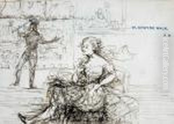 Figures In An Art Gallery Ink On Note Paper Oil Painting by Charles Edward Conder