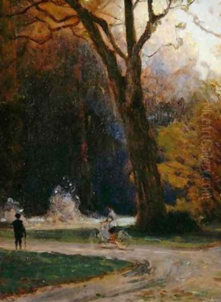 Cyclist in the Karlsaue Park Kassel Oil Painting by Louis Kolitz