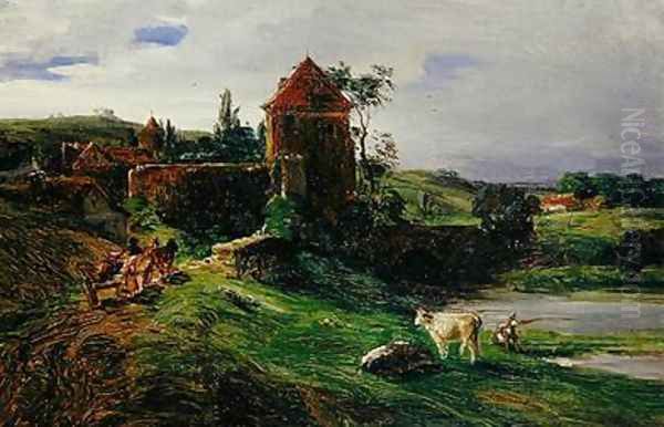 Landscape with a Bridge near Landsberg an der Warthe Oil Painting by Louis Kolitz