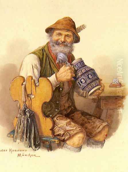 A Pipe Smoker (or A Musician and Drinkers) Oil Painting by Peter Kraemer