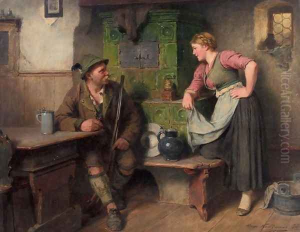 Gossiping by the Stove (Bursch und Madel am Ofen) Oil Painting by Hugo Kauffmann