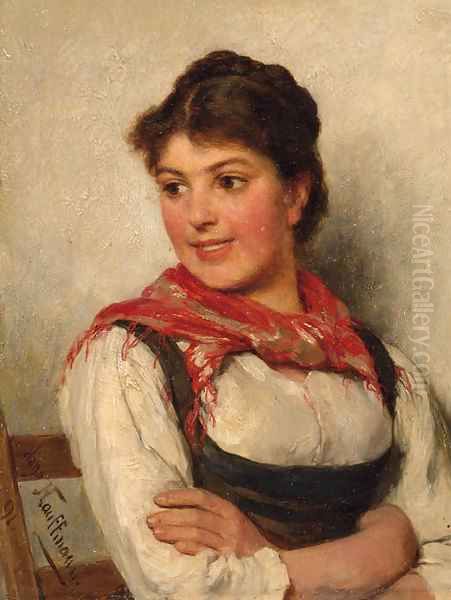 Smiling Dirndl Oil Painting by Hugo Kauffmann