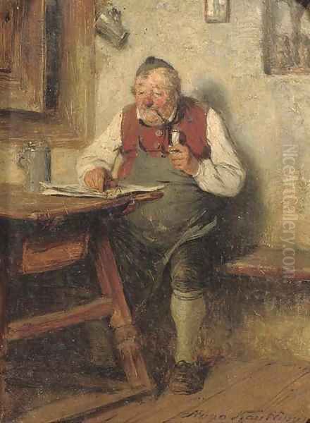 Wirt mit pfeife the content innkeeper Oil Painting by Hugo Kauffmann