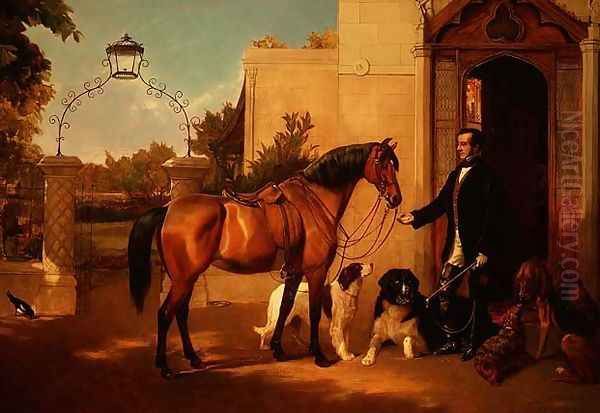 A Gentleman with his Hunter and Dogs outside his house Oil Painting by Friedrich Wilhelm Keyl