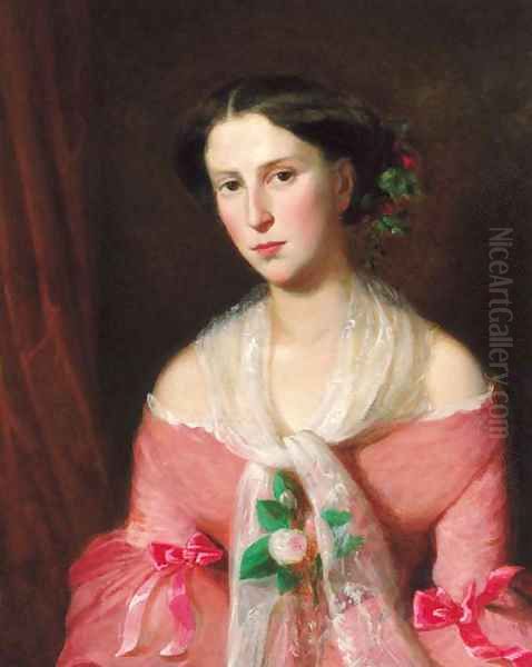 Portrait of a young lady, three-quarter-length, in a pink dress and a lace shawl Oil Painting by Rudolf Koller