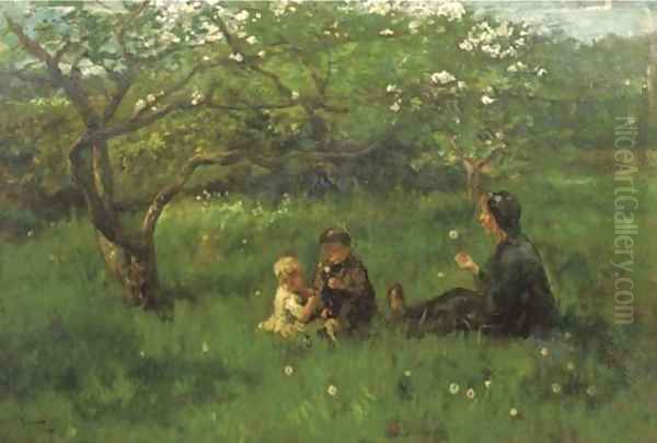 In the orchard blowing dandelions Oil Painting by Jacob Simon Hendrik Kever