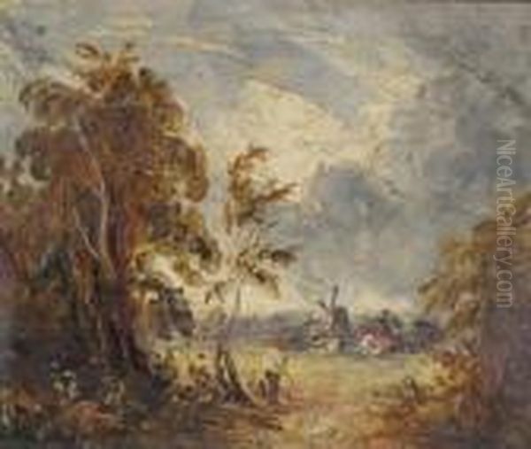 Pastoral Scene With Rustic And Distant Windmill Oil Painting by John Constable