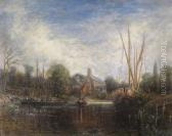 River View With Boats And Children Swimming Oil Painting by John Constable