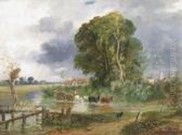 A River Landscape With A Horse And Cart Crossing A River Near A Cottage, A Church Beyond Oil Painting by John Constable