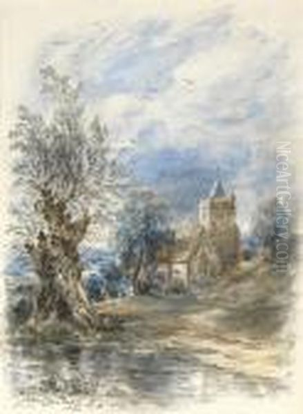 A Willow Beside Water, A Church Beyond Oil Painting by John Constable