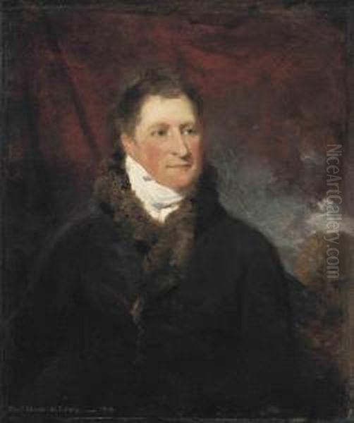 Portrait Of Henry Greswold Lewis
 , Half-length, In Abrown Fur-lined Coat, A Draped Red Curtain And 
Landscape Oil Painting by John Constable