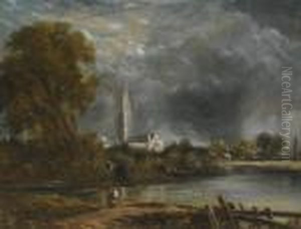 Salisbury Cathedral From The Meadows Oil Painting by John Constable