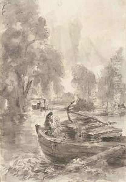 John Charles And Maria Louisa Constable Fishing From A Barge At Flatford Mill I Oil Painting by John Constable