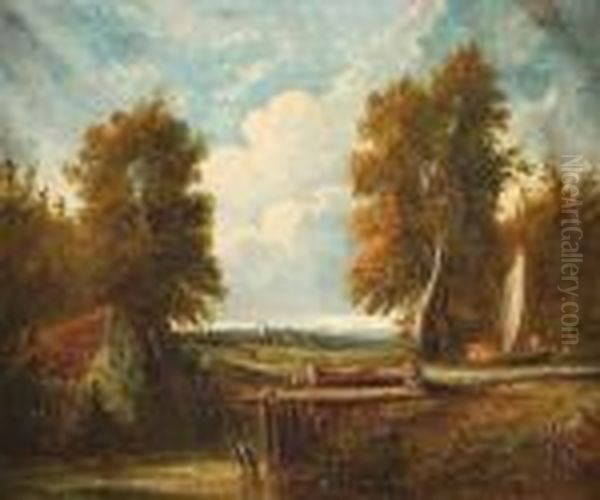 A Barge Approachinga Lock Gate Oil Painting by John Constable