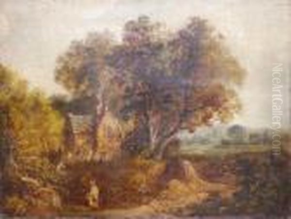 Rural Landscape With Woman Before A Cottage Oil Painting by John Constable