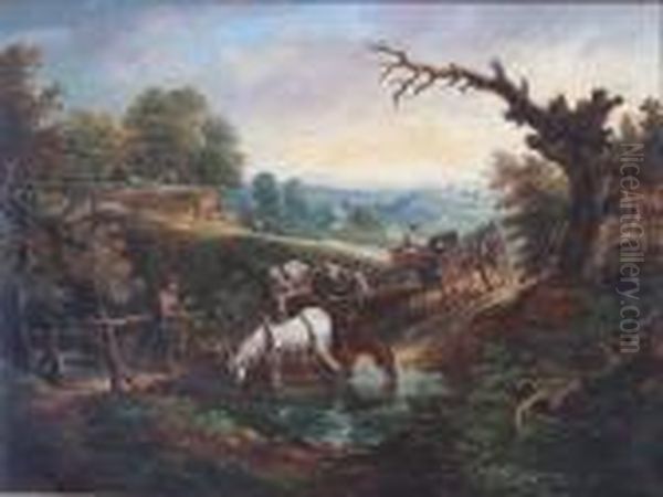 Figures With Horses And A Cart Fording A Bridge Oil Painting by John Constable