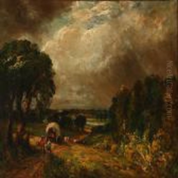 An English Stormy Landscape With Farmers By A Wagon Oil Painting by John Constable