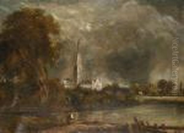 Salisbury Cathedral From Long Bridge Nearfisherton Mill Oil Painting by John Constable