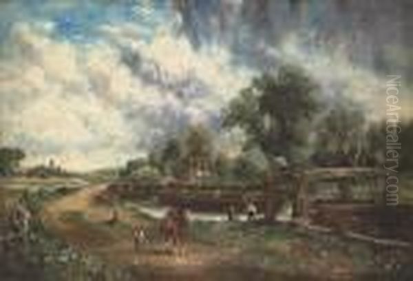 View On The Stour Near Dedham With Flatford Lock And Oldbridge Oil Painting by John Constable