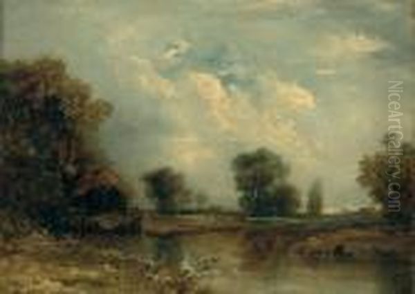 A Wooded River Landscape With An Angler On A Bank Oil Painting by John Constable